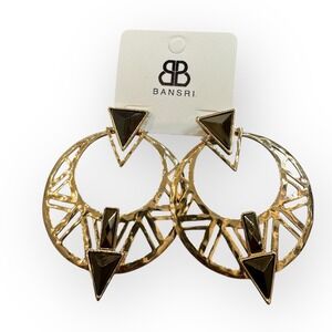 NEW Bansri Gold Tone Geometric‎ Statement Hoop Earrings Black Stone